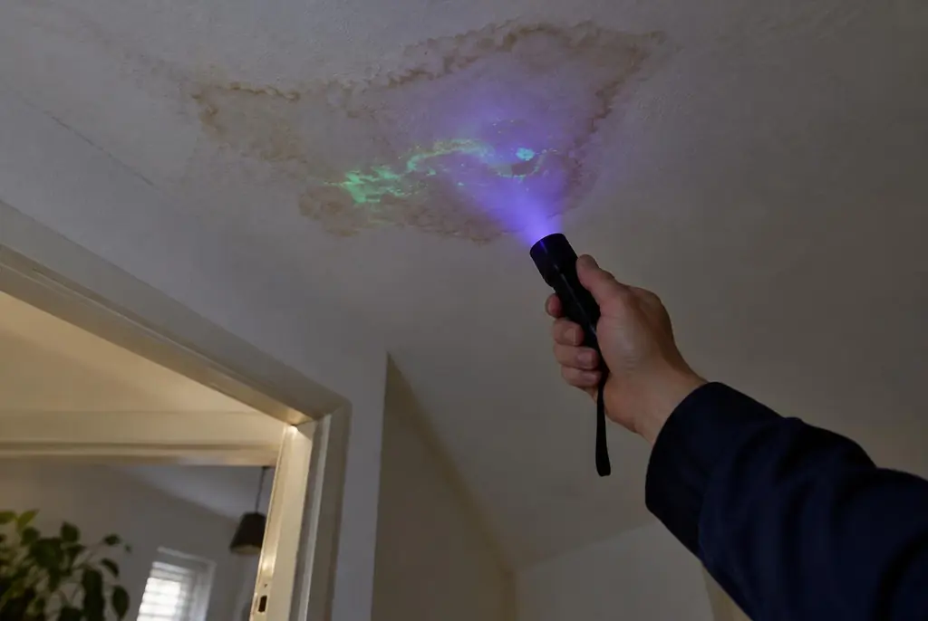 Lekdetectie Stolwijk – kleurstof controleren op het plafond met uv-licht