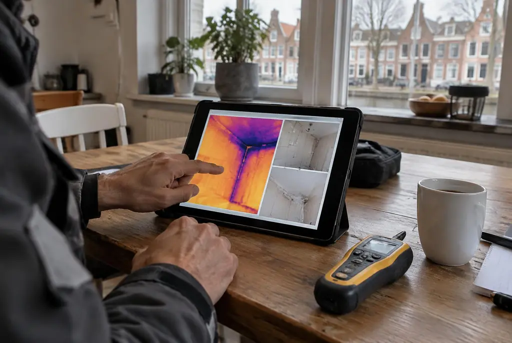Lekdetectie Stolwijk – lekdetectierapport met warmtebeelden en foto's op een tablet