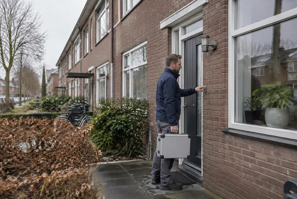 Lekdetectiespecialist met meetkoffer bij de voordeur van een woning in Stolwijk
